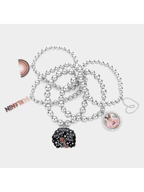 NWT Silver Metal Ball Black Girl Melanin Afro Rainbow Heart Charm Bracelet